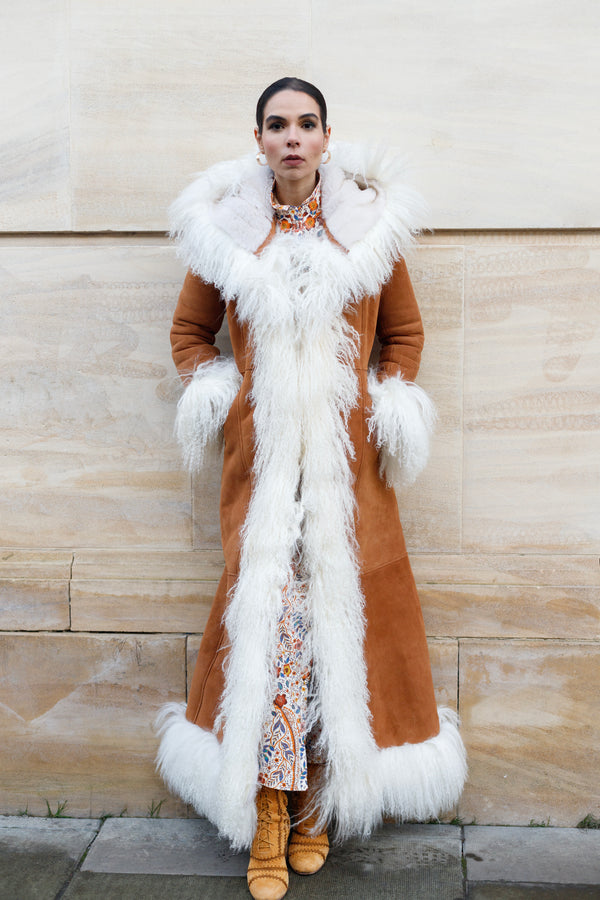 Shearling Maxi Coat With Detachable Hood - Tan