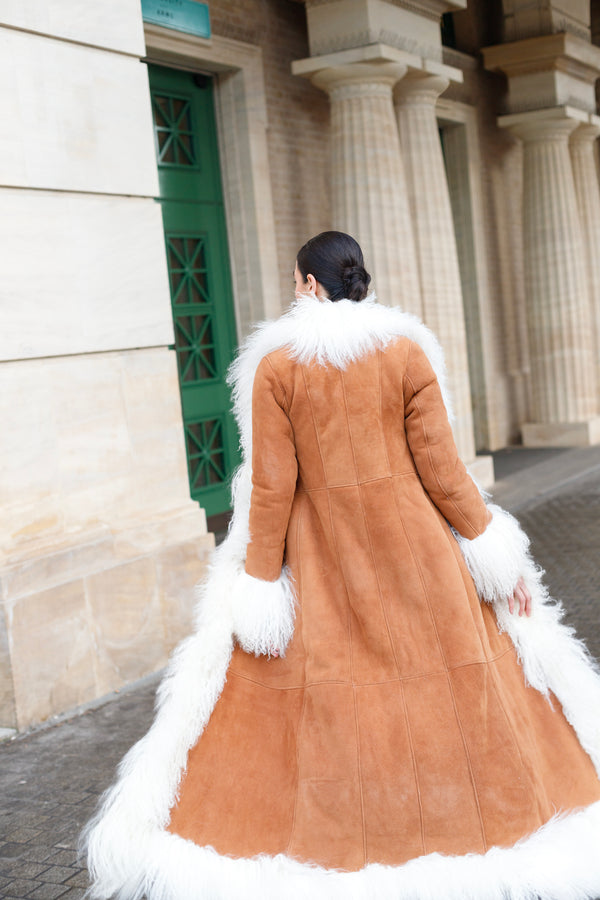 Shearling Maxi Coat With Detachable Hood - Tan