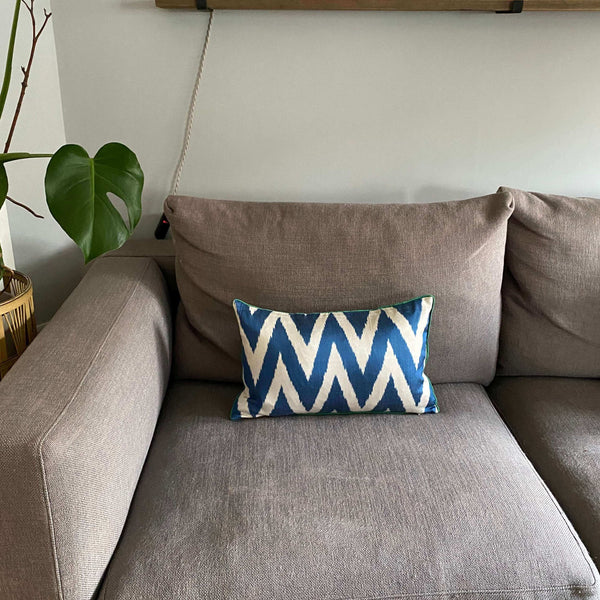 IKAT cushion cover -  Double Sided Navy Zigzag with Green Piping 30 x 50 cm