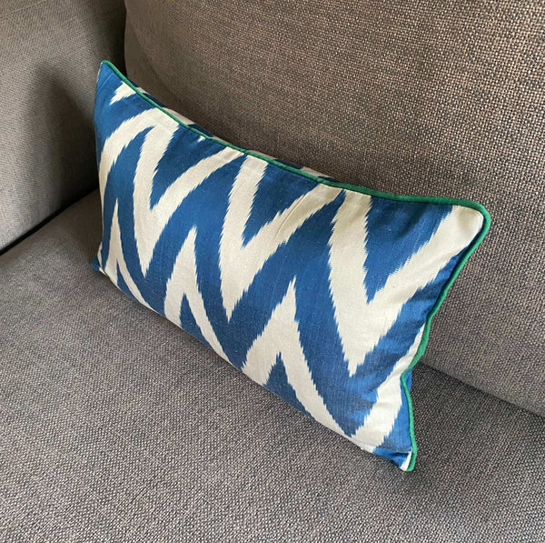 IKAT cushion cover -  Double Sided Navy Zigzag with Green Piping 30 x 50 cm
