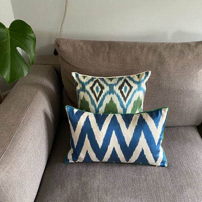 IKAT cushion cover -  Double Sided Navy Zigzag with Green Piping 30 x 50 cm