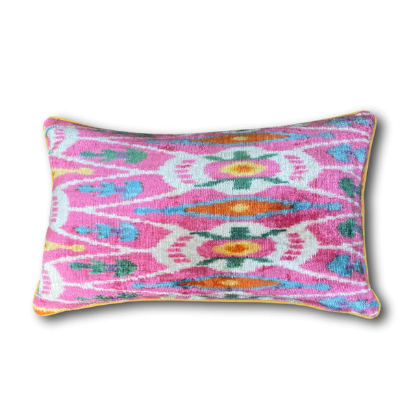 IKAT cushion cover -  Pink with Yellow Piping - Velvet - 30 x 50 cm