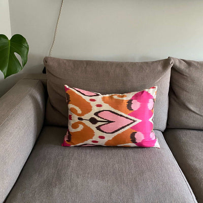 IKAT cushion cover - Pink and Orange Hearts - 40 x 60 cm