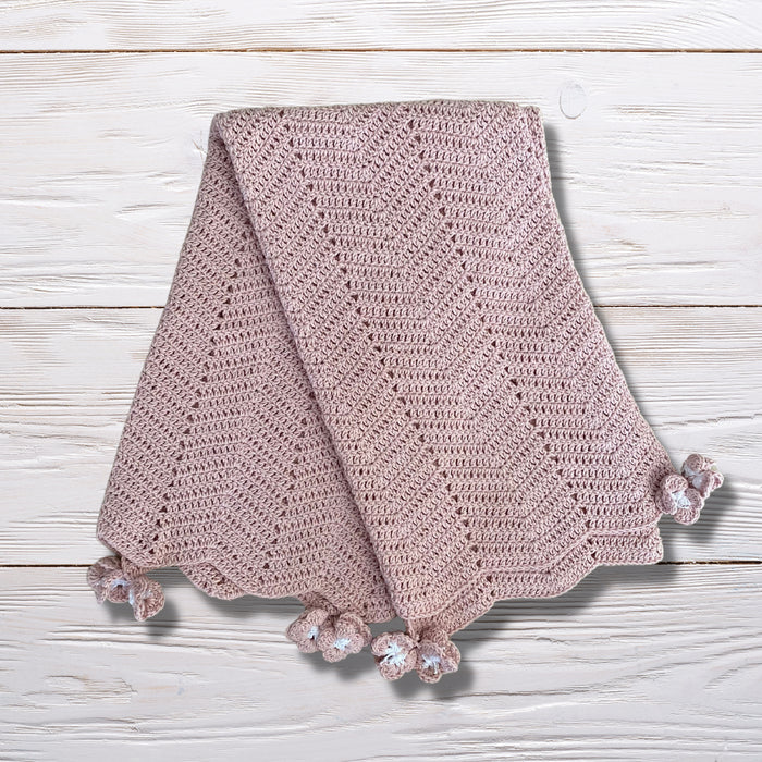 Pram blanket with pom poms - dusty pink, organic cotton
