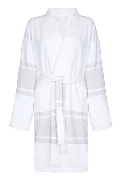 Front Short Lightweight Unisex Cotton Robe with Beige stripe from my little wish